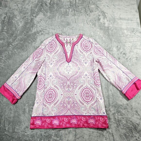 Robert Graham Top Womens M Pink Silk Beaded Embroidered Boho Beachy Tunic NWOT - Picture 1 of 10